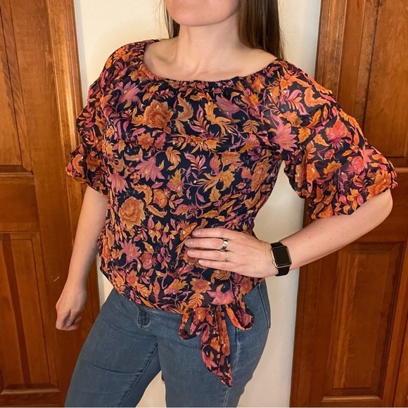 CeCe Tops - CeCe M Floral Puff Sleeves Bow Blouse Bold Orange Glitter Blue Showgirl Top